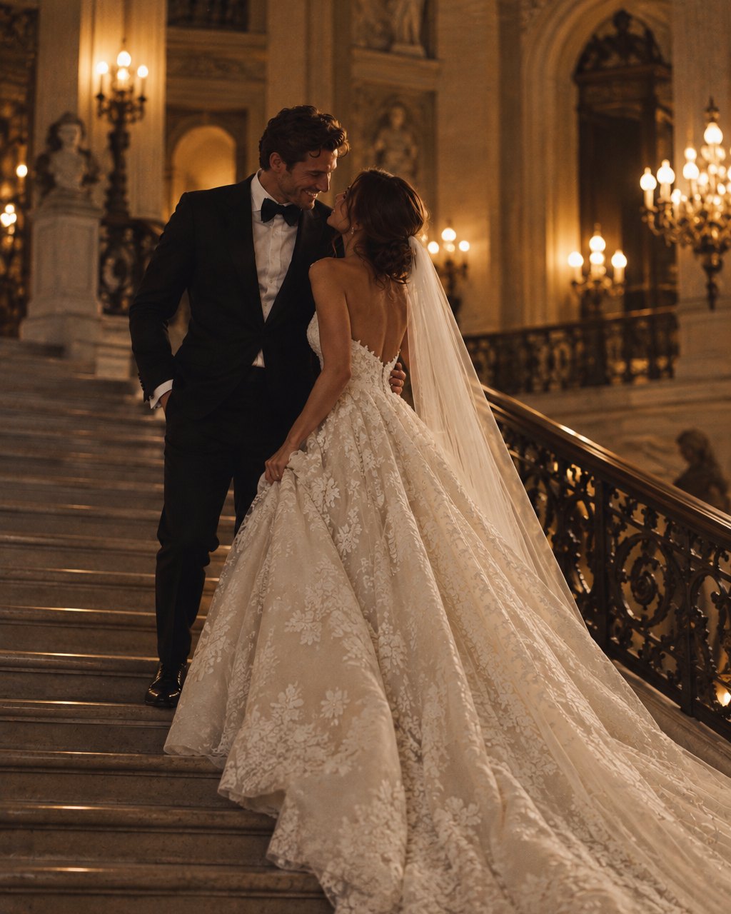 A bride and groom on a grand marble staircase at night, smiling at each other, her lace train flowing down the steps